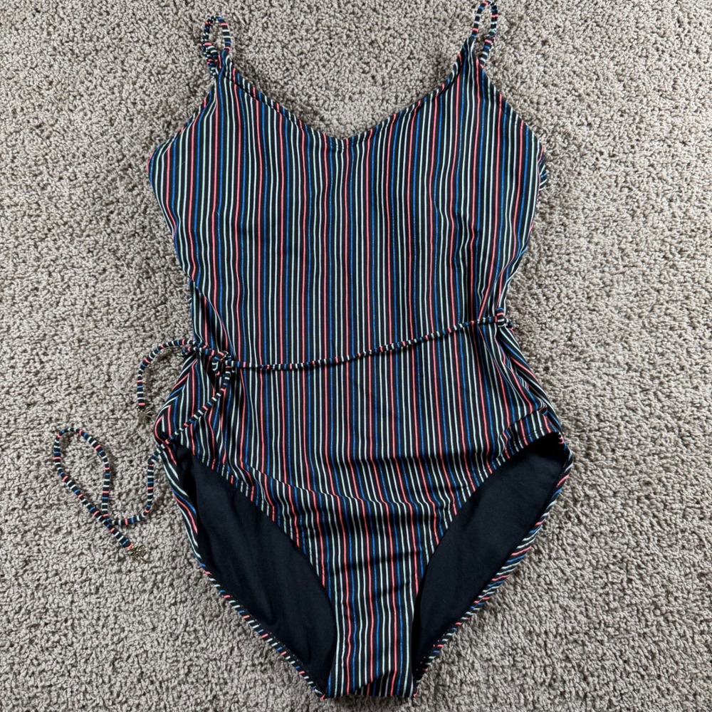 Striped One Piece Swimsuit Tie Waist XL beach vacation summer pool hipster black